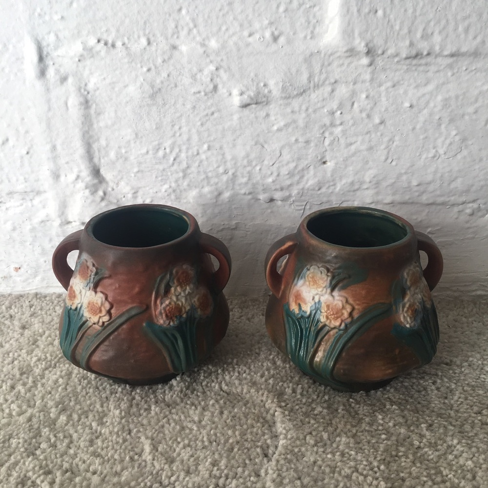 Set of Vintage Roseville USA Pottery Brown Water Lily Bowls Two Handle Rose Bowl